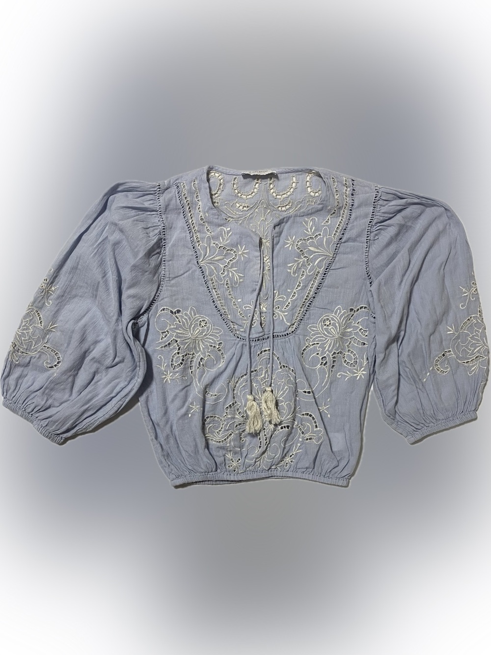 Lucky Brand Pale Blue Embroidered Peasant Blouse